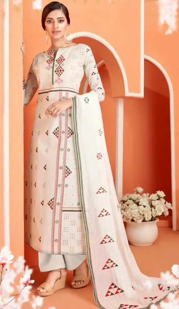 Off White Color Camrik Cotton Pakistani Palazzo Salwar Suit - 483159423