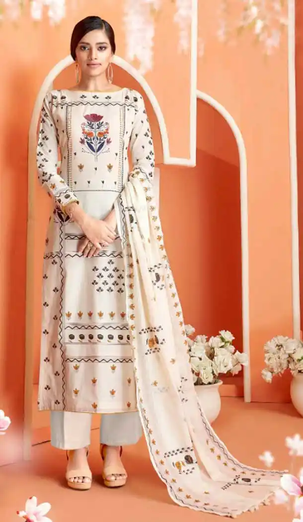 Off White Color Camrik Cotton Pakistani Palazzo Salwar Suit - 483159425