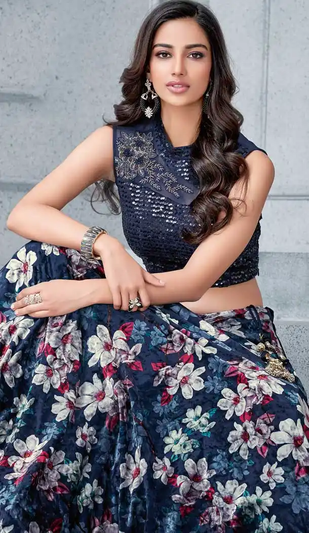 Navy Blue Color Velvet Designer Lehenga Choli - 62652975