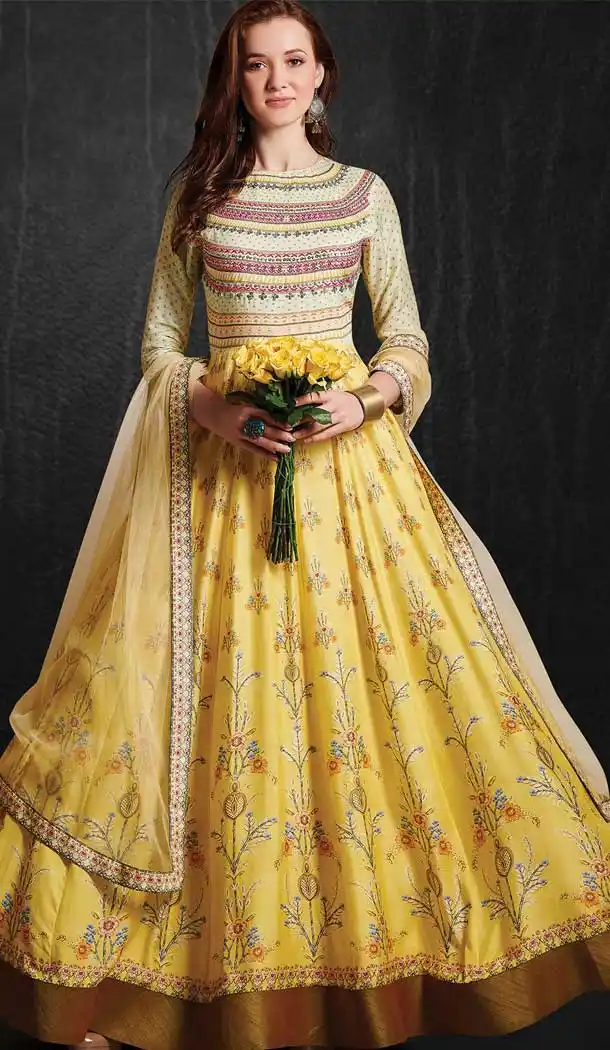 Yellow Color Pure Soft Maslin Party Wear Readymade Gown - 481359191