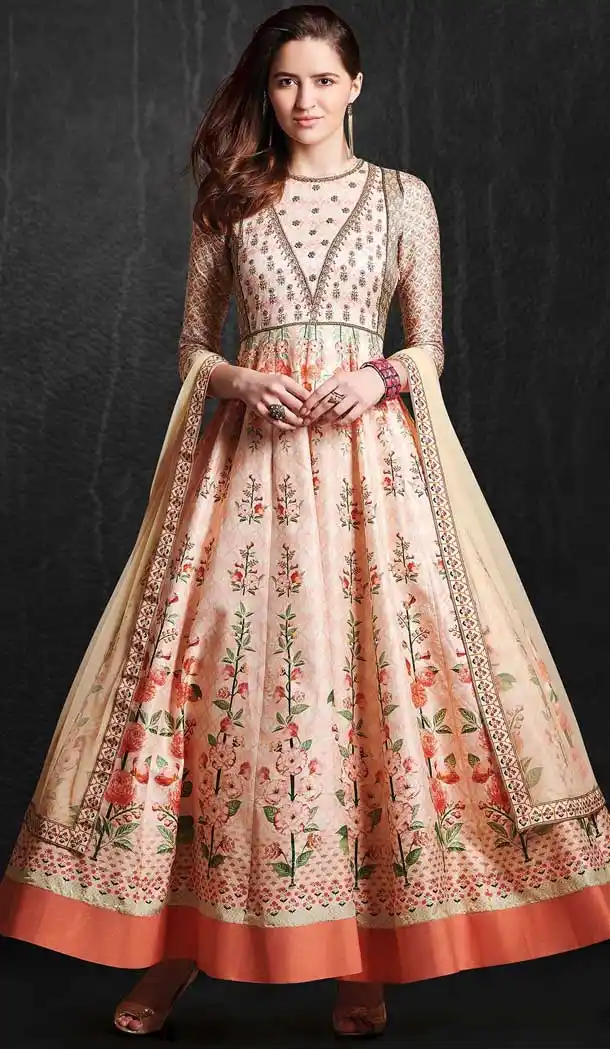Peach Puff Color Pure Soft Maslin Party Wear Readymade Gown - 481359192