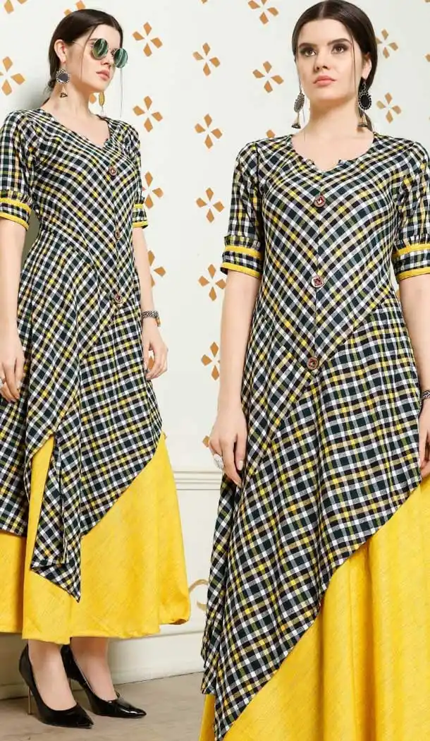 Yellow Color Pure Reyon Party Wear Long Readymade Kurti - 484359587