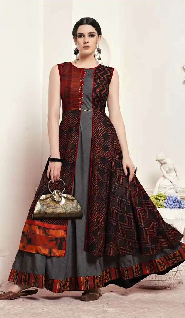 Grey Color Musline Party Wear Long Readymade Kurti - 484459588