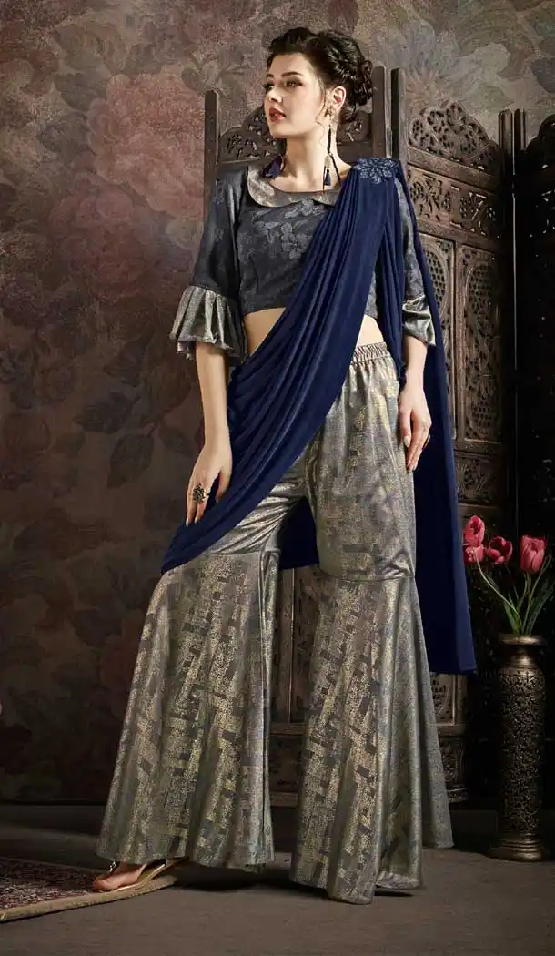 Gold And Blue Color Fancy Imported Pre-stitched Saree - 484859623
