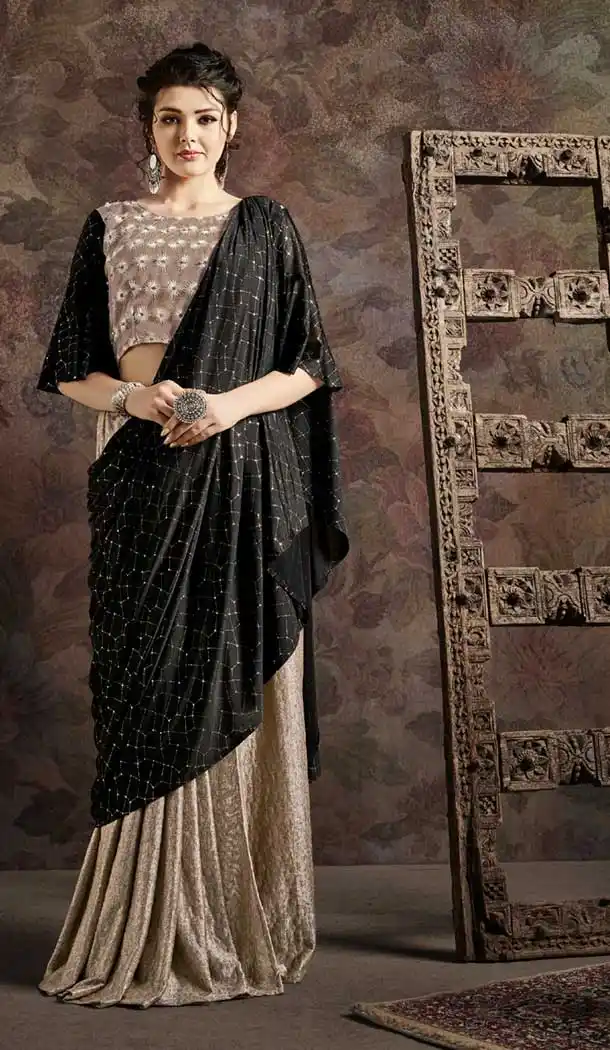 Beige And Black Color Fancy Imported Pre-stitched Saree - 484859624
