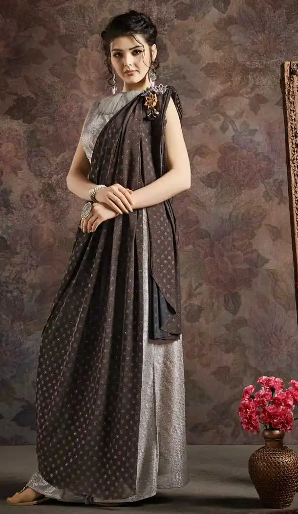 Black And Silver Color Fancy Imported Pre-stitched Saree - 484859626