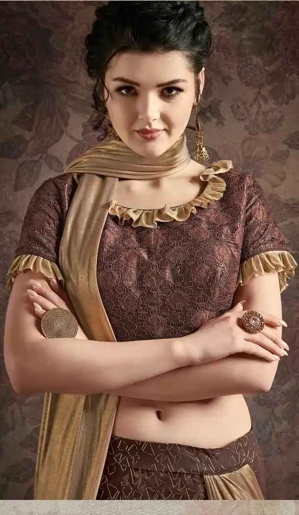 Brown And Gold Color Fancy Imported Pre-stitched Saree - 484859630