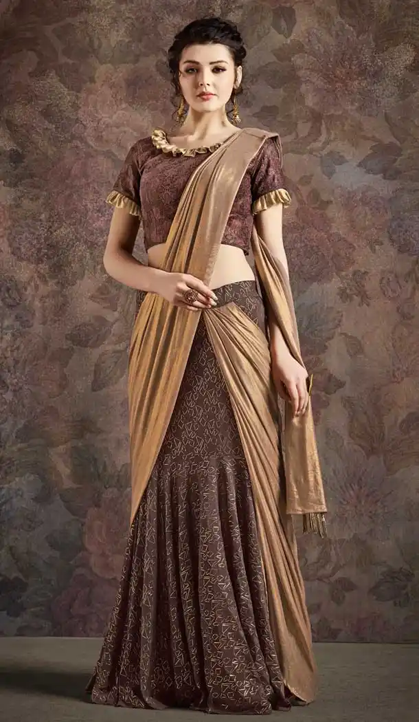 Brown And Gold Color Fancy Imported Pre-stitched Saree - 484859630