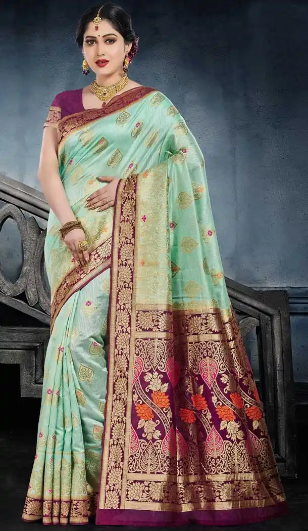 Light Green Color Monga Silk Traditional Wear Saree Blouse