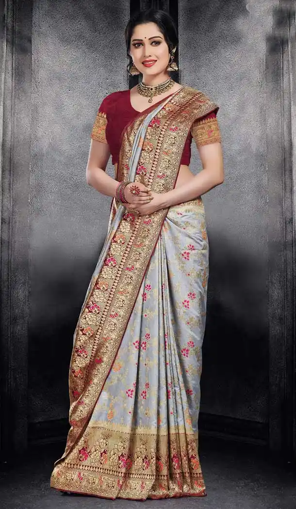 Grey Color Monga Silk Traditional Wear Saree Blouse - 486259825