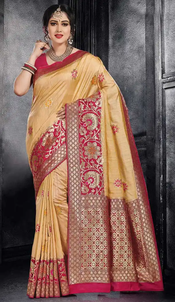 Cream Beige Color Monga Silk Traditional Wear Saree Blouse - 486259827