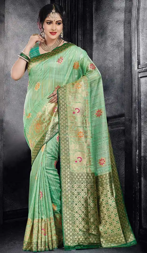 Light Green Color Monga Silk Traditional Wear Saree Blouse - 486259828