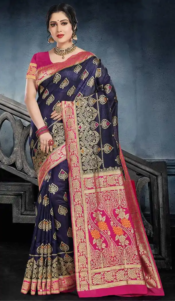 Navy Blue Color Monga Silk Traditional Wear Saree Blouse - 486259829