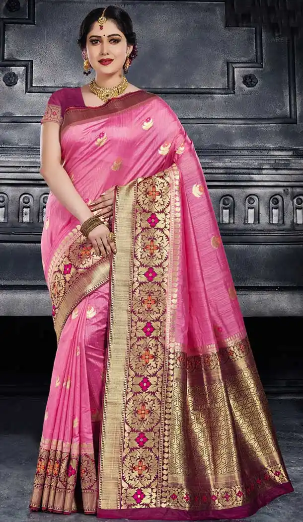 Pink Color Monga Silk Traditional Wear Saree Blouse