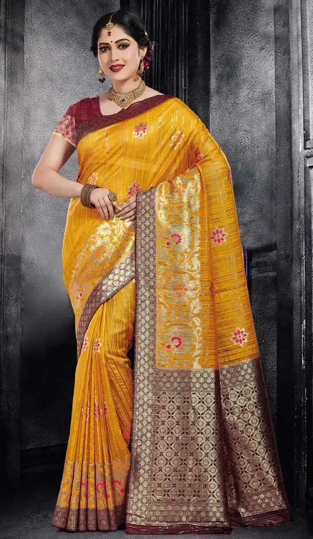 Yellow Color Monga Silk Traditional Wear Saree Blouse - 486259831