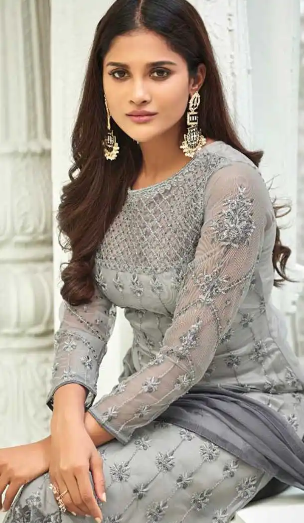 Grey Color Net Straight Cut Party Wear Salwar Kameez - 486859872