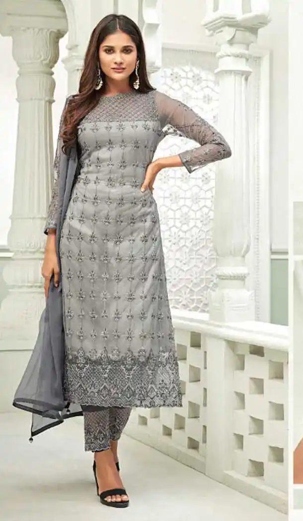 Grey Color Net Straight Cut Party Wear Salwar Kameez - 486859872