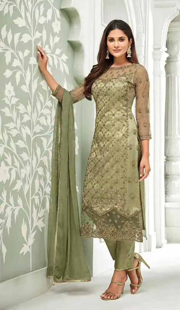 Mehendi Green Color Net Straight Cut Party Wear Salwar Kameez - 486859873