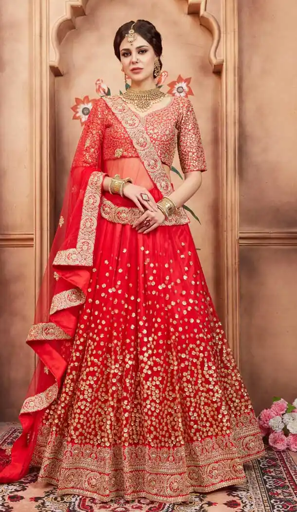 Red Color Net Designer Embroidery Lehenga Choli - 62913168
