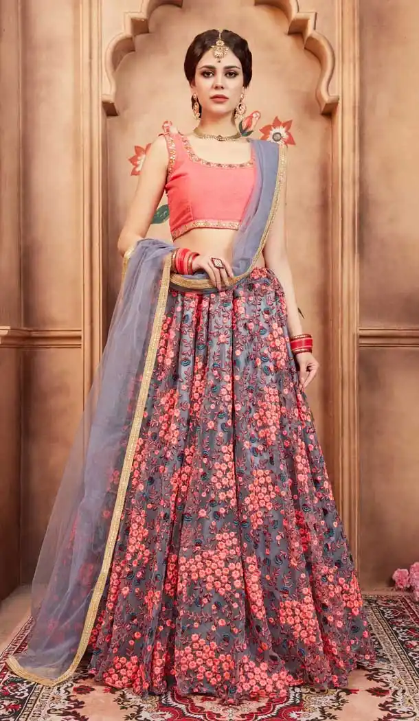 Grey Color Net Designer Embroidery Lehenga Choli - 62913169