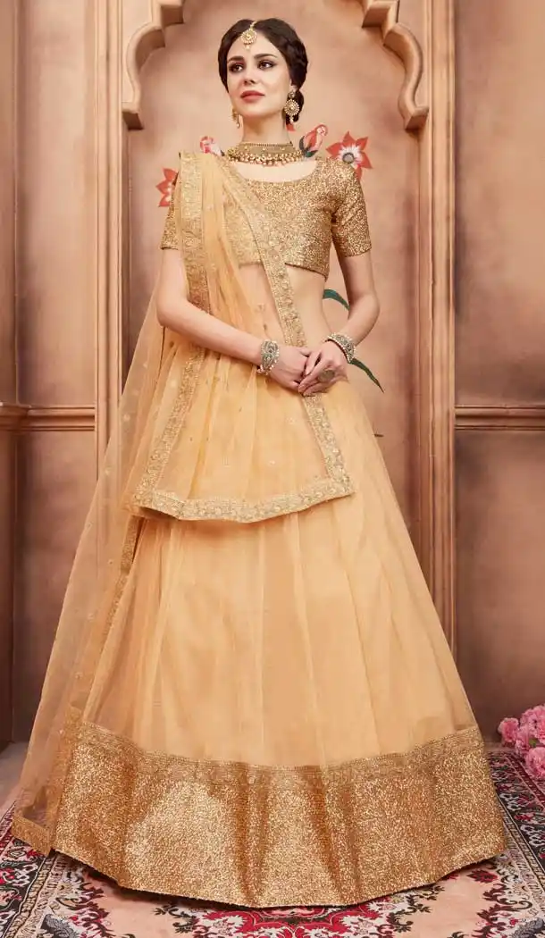 Beige Color Net Designer Embroidery Lehenga Choli - 62913171