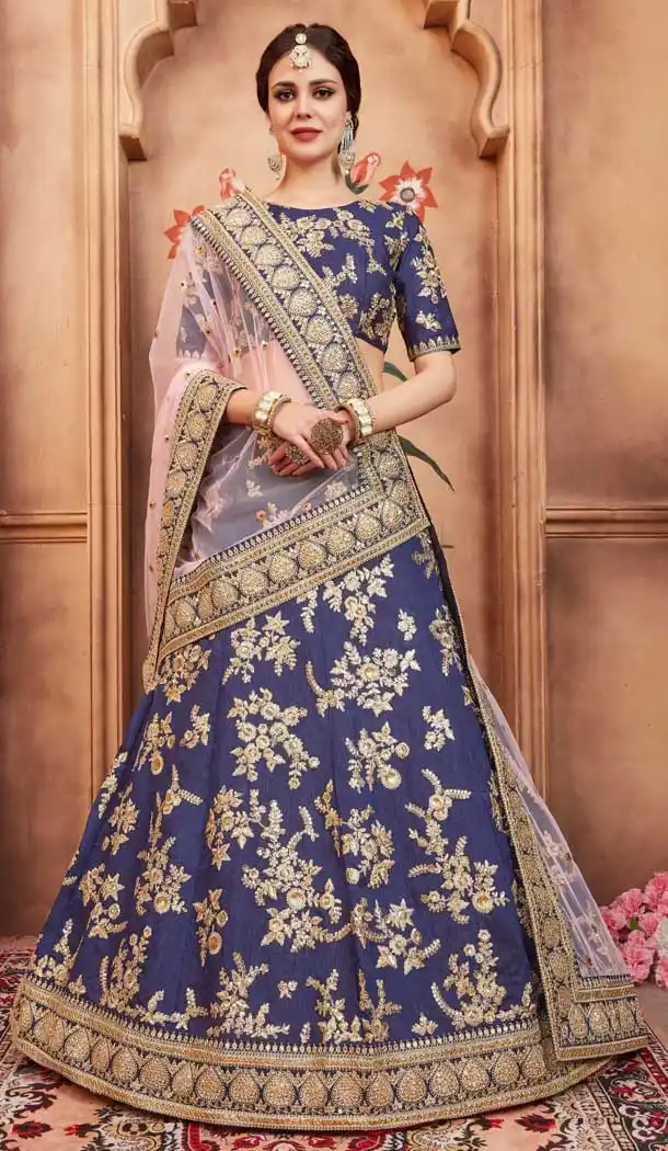 Navy Blue Color Art Silk Designer Embroidery Lehenga Choli - 62913176