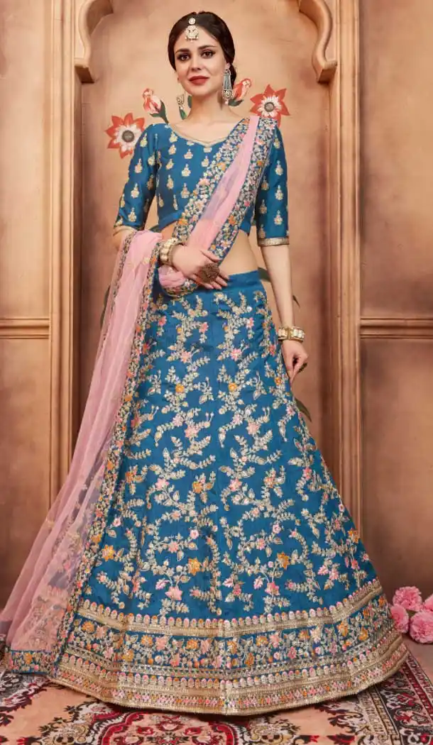 Blue Color Art Silk Designer Embroidery Lehenga Choli - 62913177