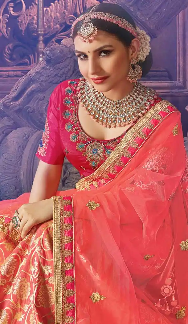 Dark Peach Color Banarasi Art Silk Wedding Lehenga Choli - 63383594