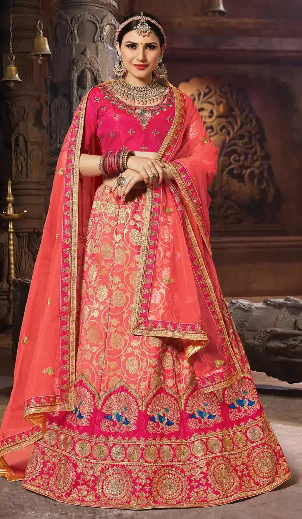 Dark Peach Color Banarasi Art Silk Wedding Lehenga Choli - 63383594