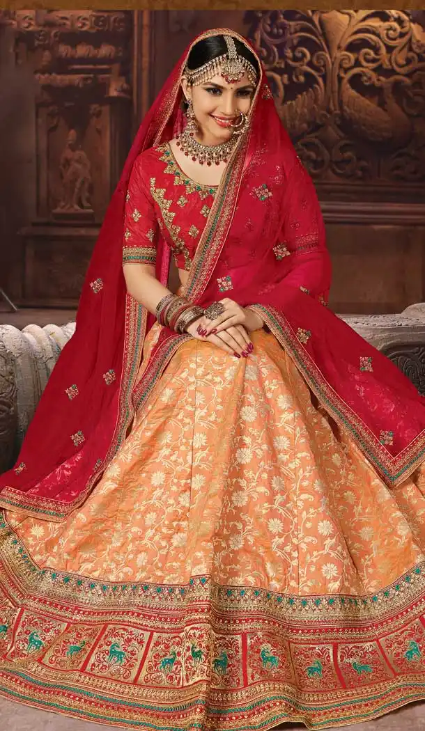 Orange Color Banarasi Art Silk Wedding Lehenga Choli - 63383597