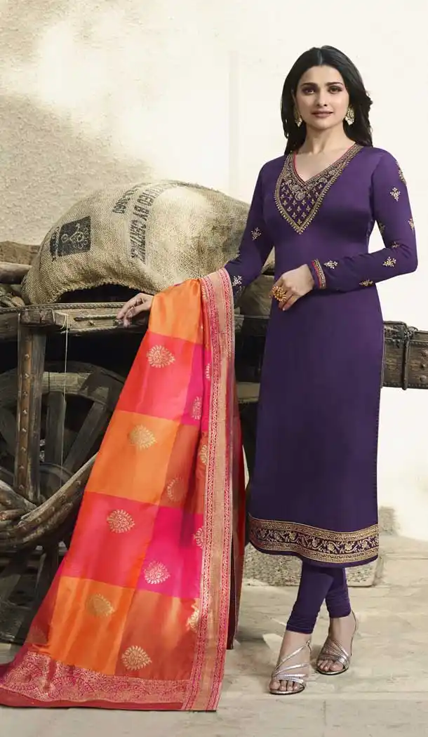 Purple Color Satin Georgette Parchi Desai Plus Size Salwar Kameez - 63483688