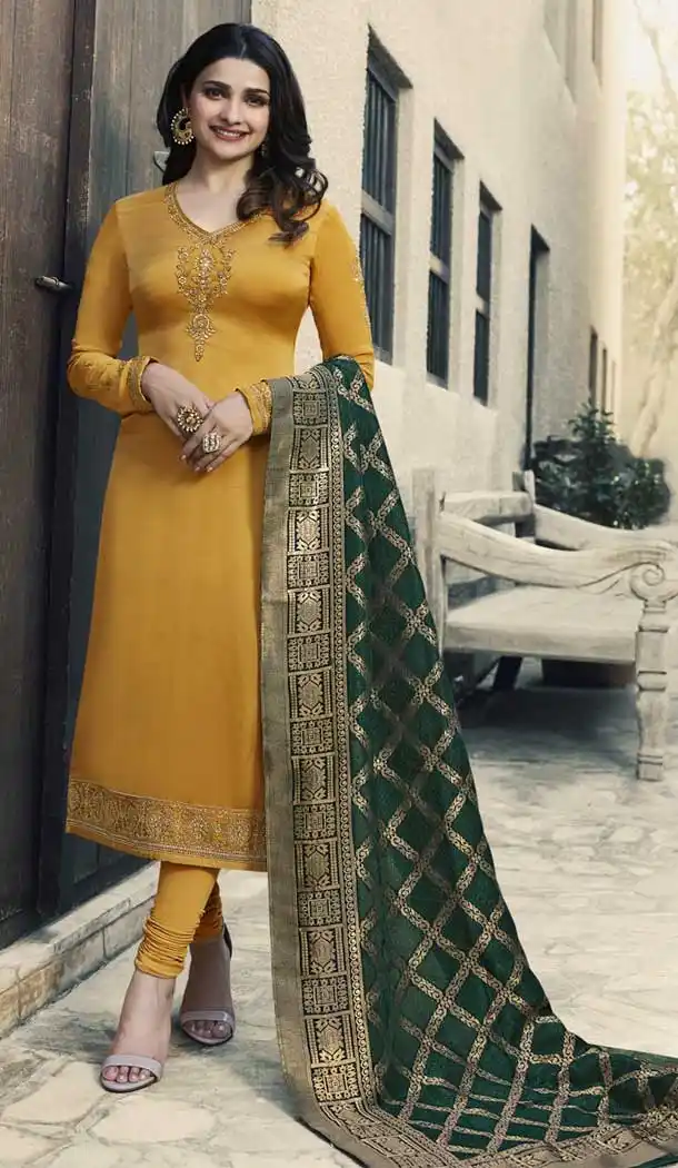 Musturd Yellow Color Satin Georgette Parchi Desai Plus Size Salwar Kameez - 63483689