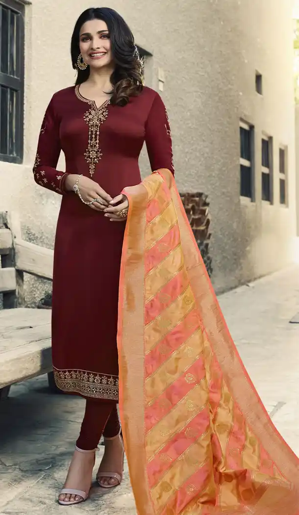 Maroon Color Satin Georgette Parchi Desai Plus Size Salwar Kameez - 63483690