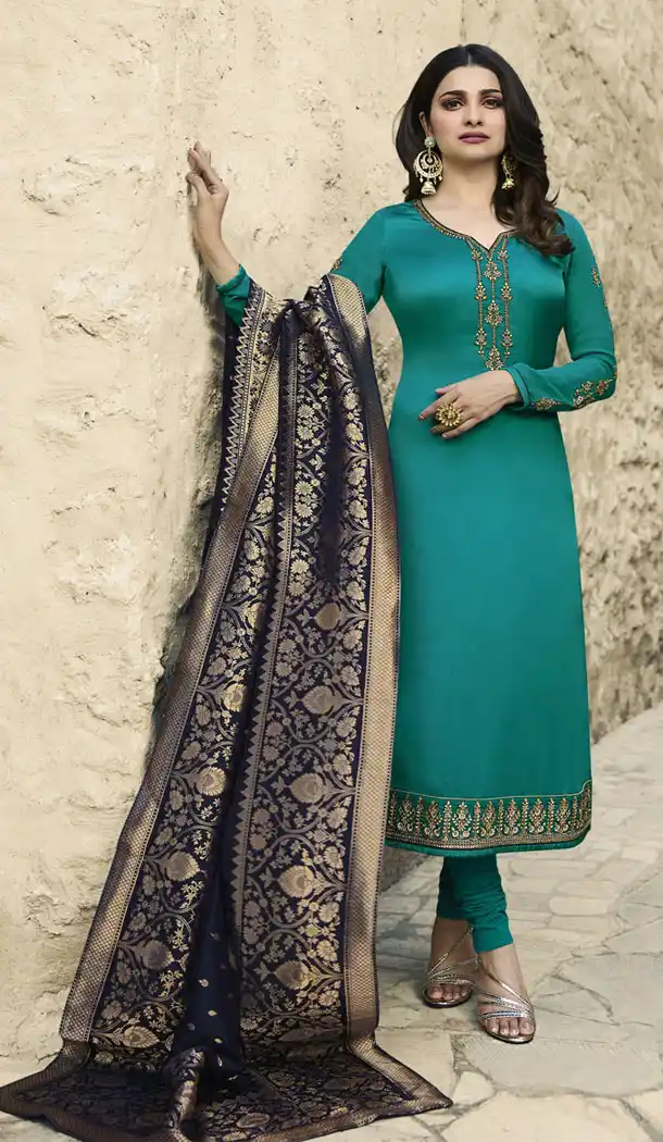 Blue Color Satin Georgette Parchi Desai Plus Size Salwar Kameez - 63483691
