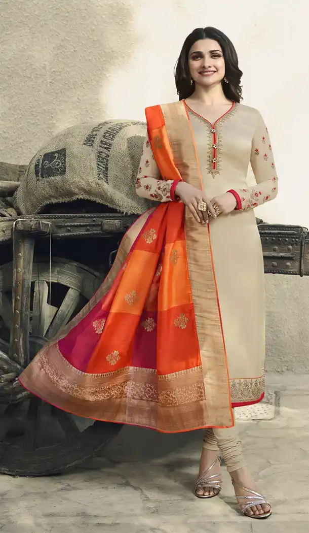 Cream Color Satin Georgette Parchi Desai Plus Size Salwar Kameez - 63483692