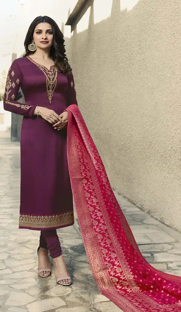 Wine Color Satin Georgette Parchi Desai Plus Size Salwar Kameez - 63483693