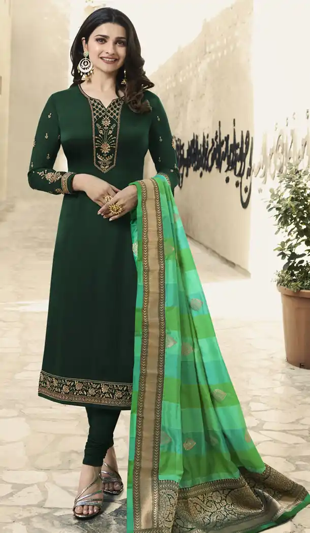 Dark Green Color Satin Georgette Parchi Desai Plus Size Salwar Kameez - 63483694