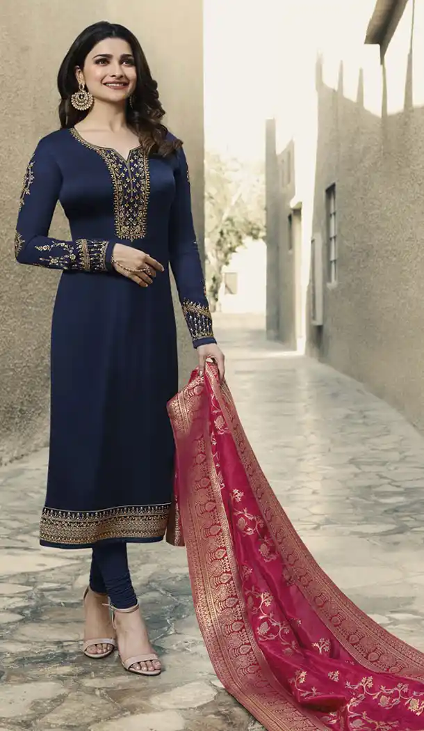 Navy Blue Color Satin Georgette Parchi Desai Plus Size Salwar Kameez - 63483695