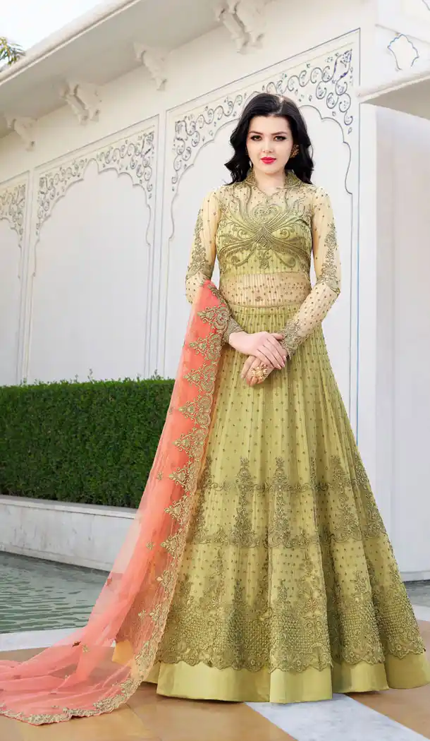 Pear Green Color Net Designer Long Salwar Kameez - 63483714