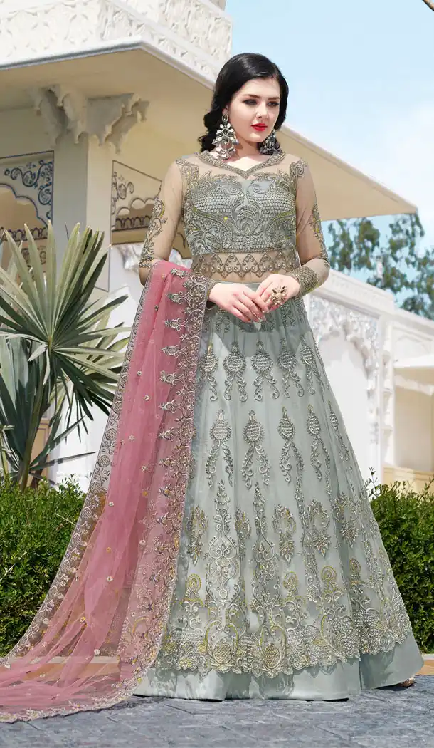 Grey Color Net Designer Long Salwar Kameez - 63483715