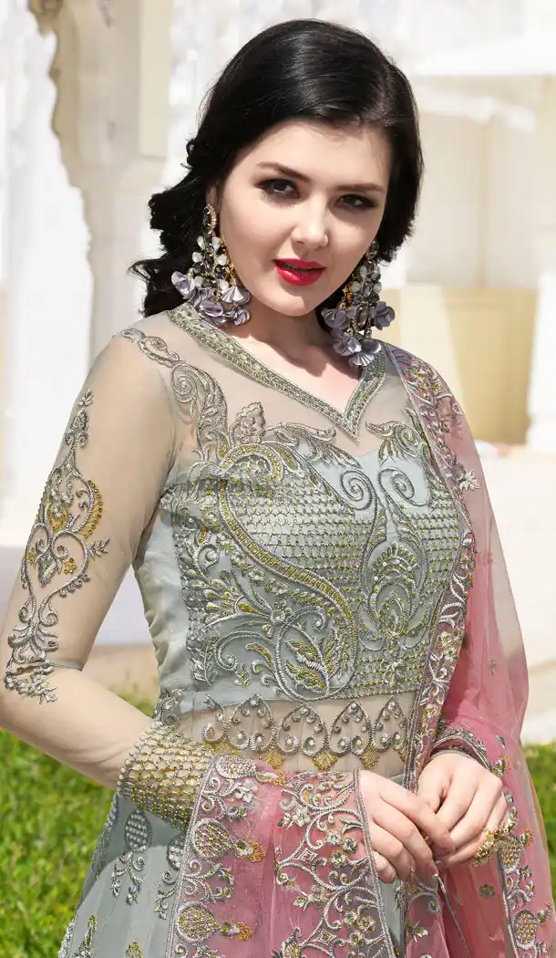 Grey Color Net Designer Long Salwar Kameez - 63483715