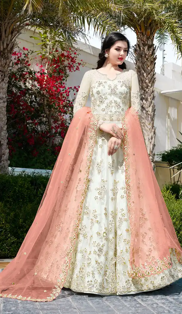 Off White Color Net Designer Long Salwar Kameez - 63483716