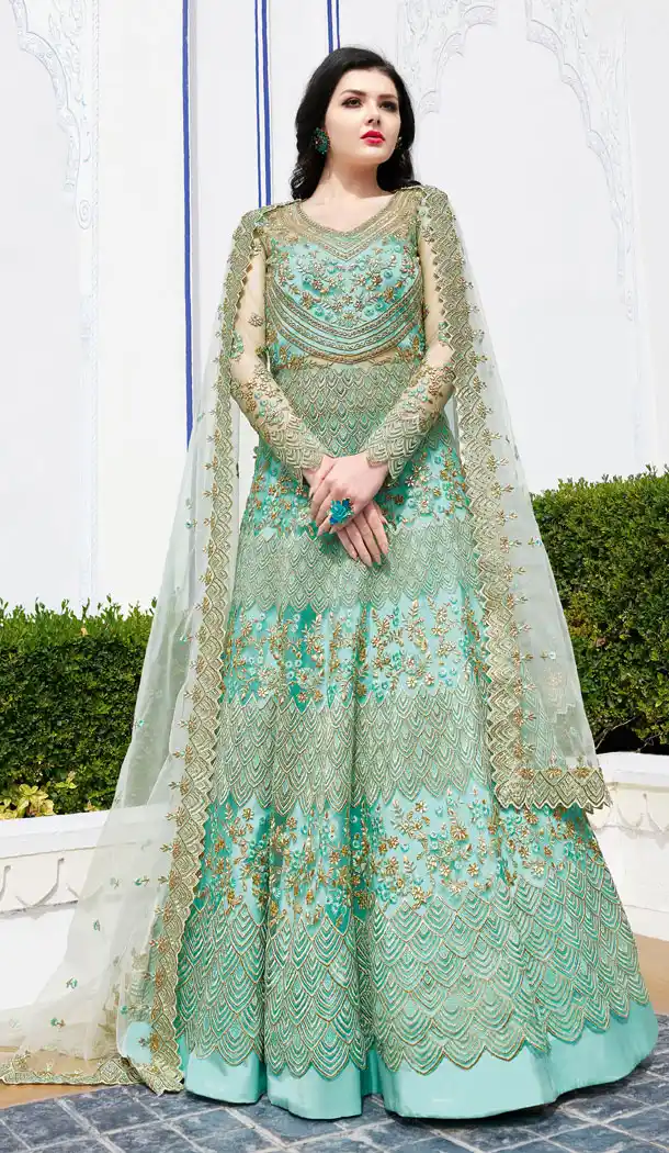 Sea Green Color Net Designer Long Salwar Kameez - 63483718