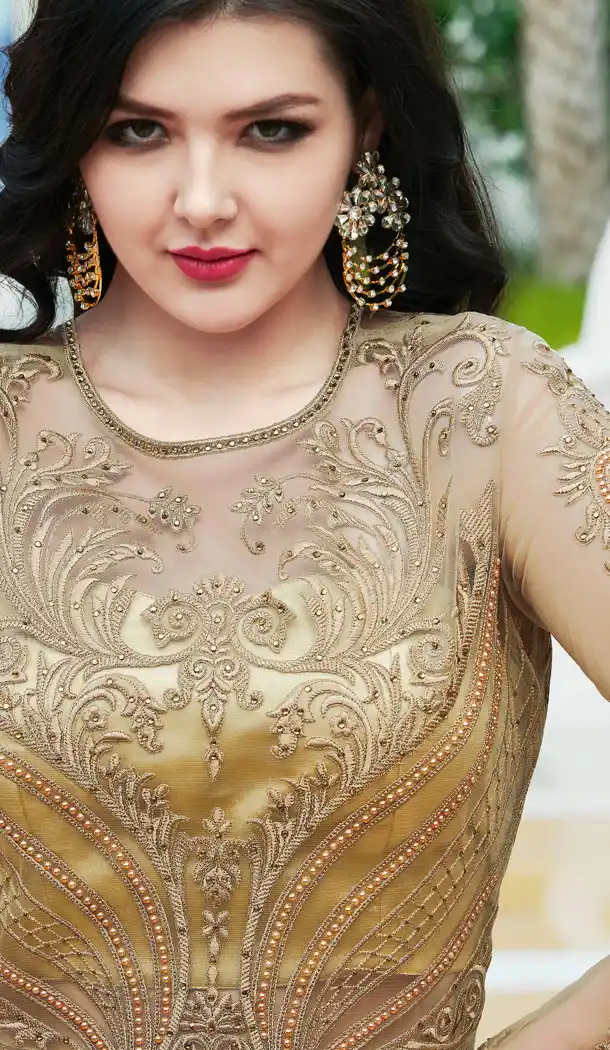 Beige Color Net Designer Long Salwar Kameez - 63483719