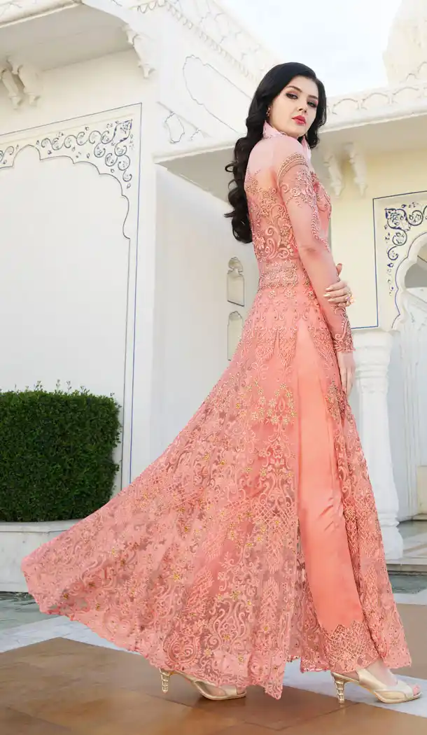 Dark Peach Color Net Designer Long Salwar Kameez - 63483720