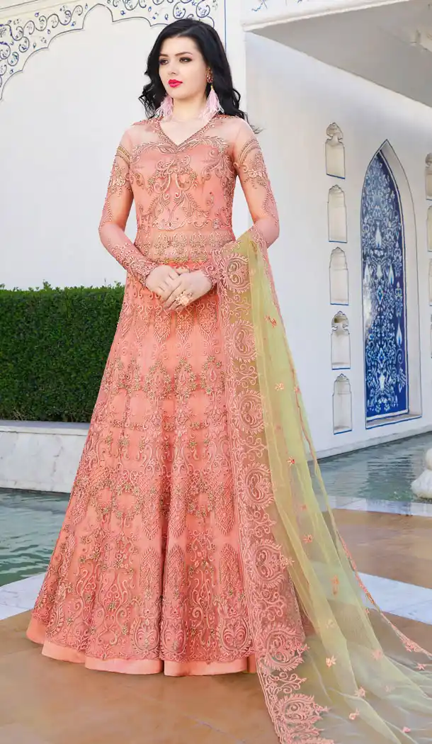 Dark Peach Color Net Designer Long Salwar Kameez - 63483720