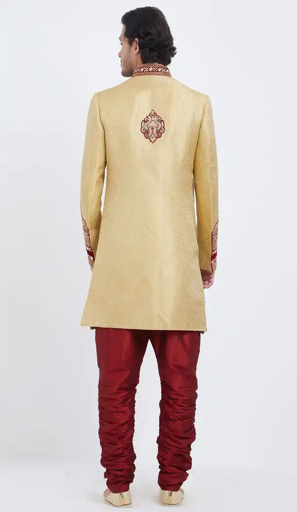 Gold Color Brocket Readymade Men Groom Sherwani - 489860263