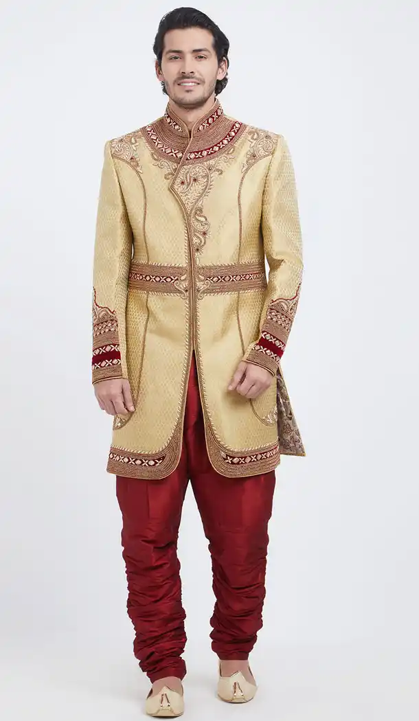Gold Color Brocket Readymade Men Groom Sherwani - 489860263