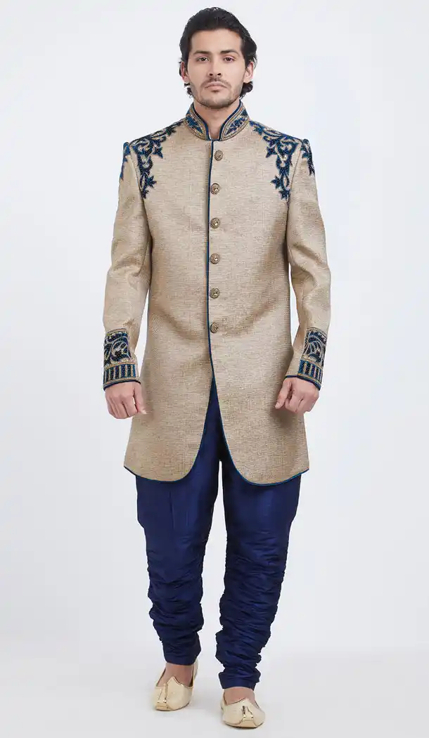 Gold Color Jute Readymade Men Groom Sherwani - 489860264