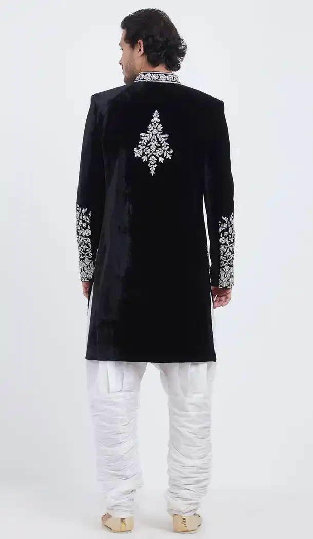 Black Color Velvet Readymade Men Groom Sherwani